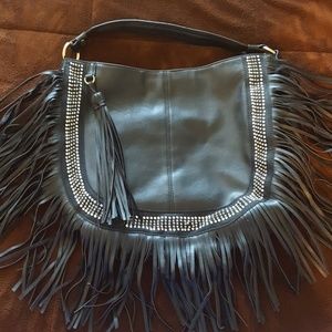 Black Fringe with Rhinestone Large Bag